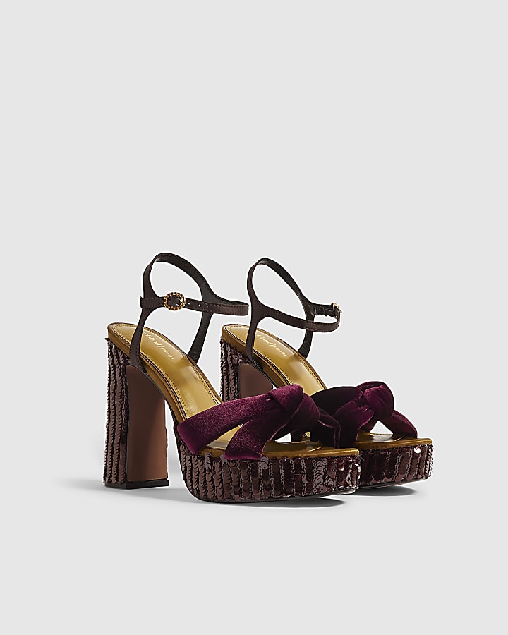 Burgundy Sequin Block Heeled Sandals