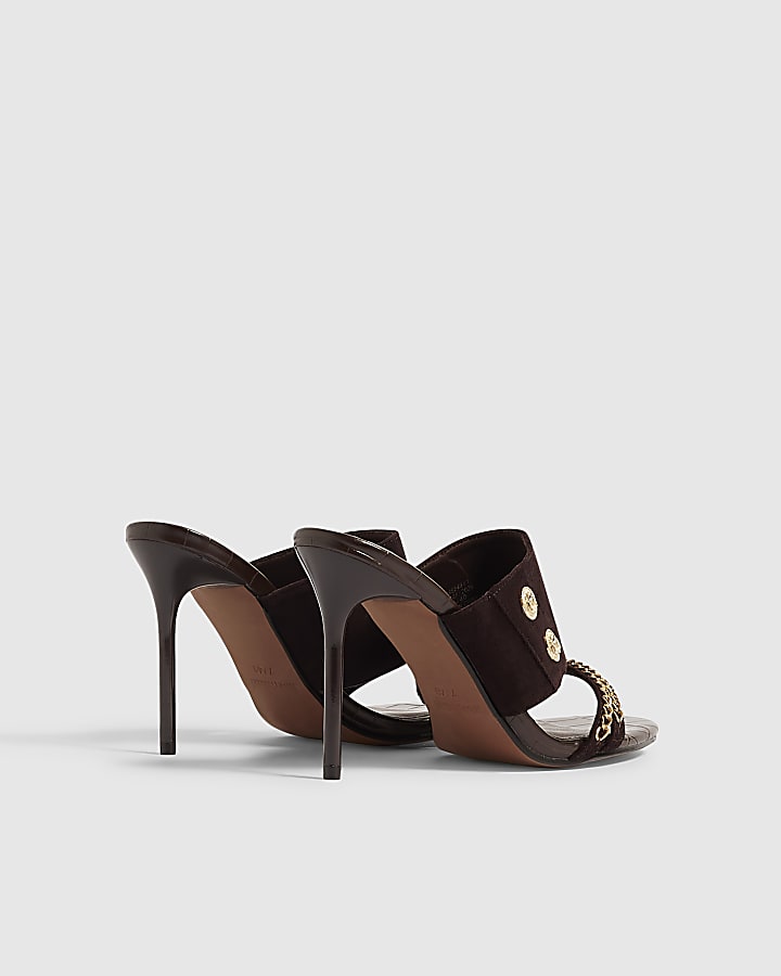 Brown Chain Trim Skinny Heel Mules