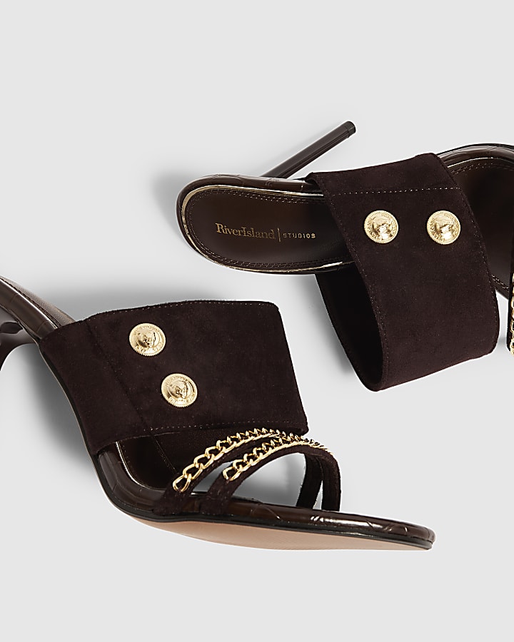Brown Chain Trim Skinny Heel Mules