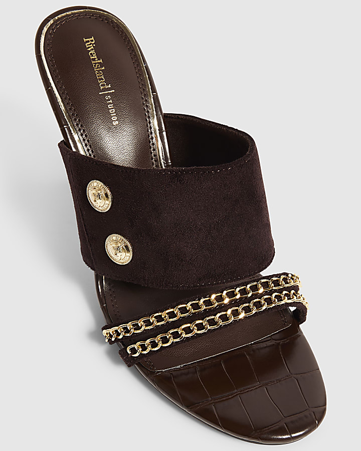 Brown Chain Trim Skinny Heel Mules