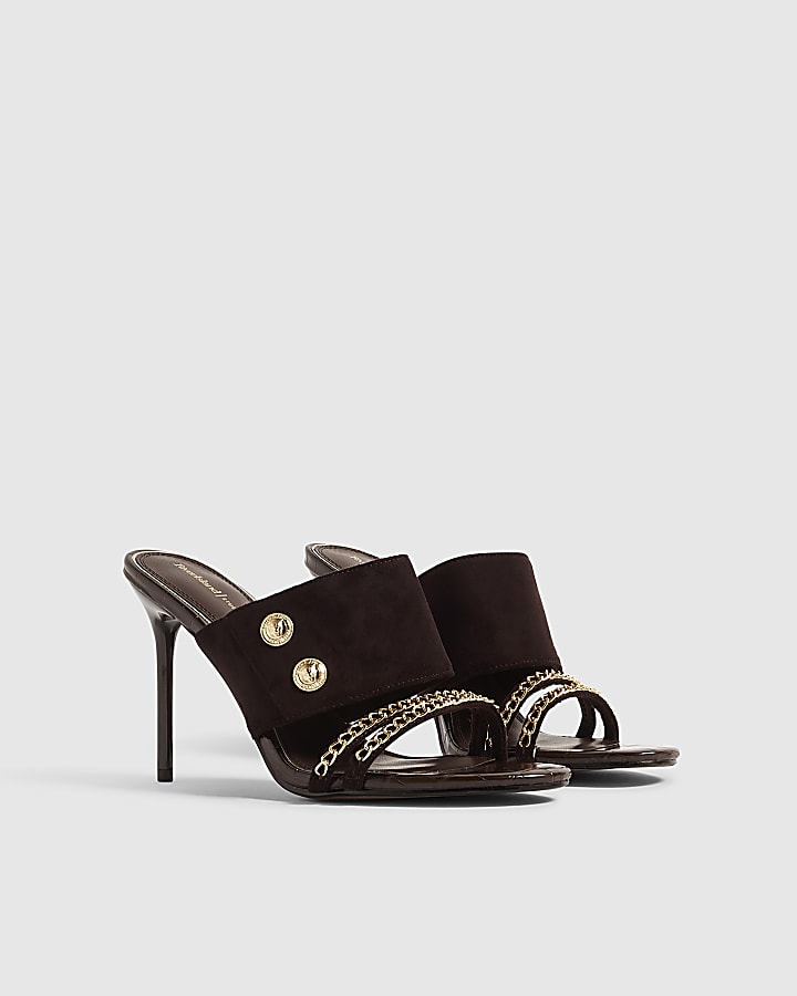 Brown Chain Trim Skinny Heel Mules