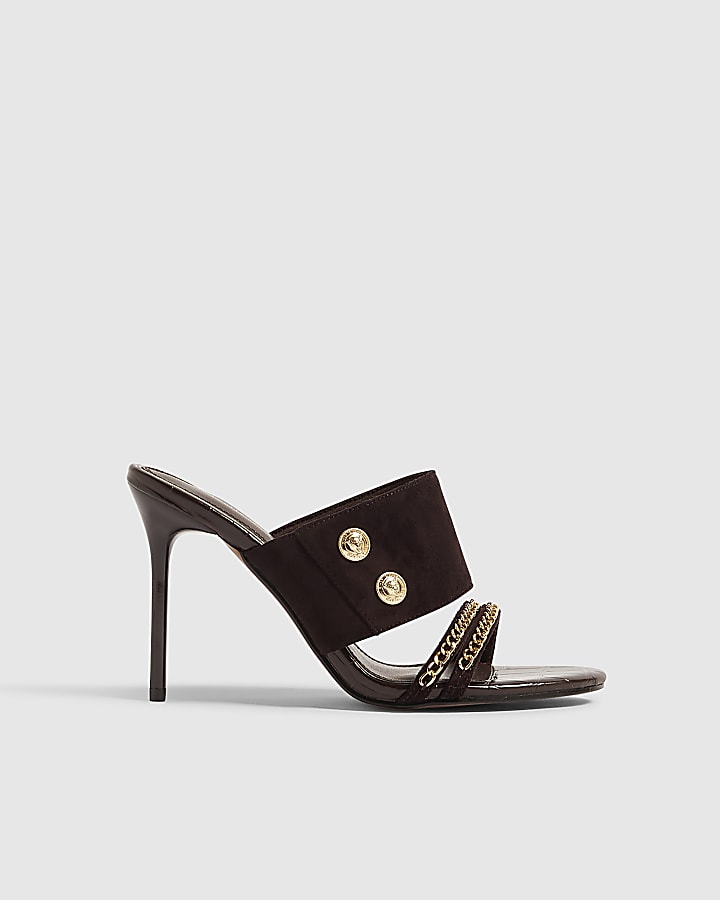 Brown Chain Trim Skinny Heel Mules