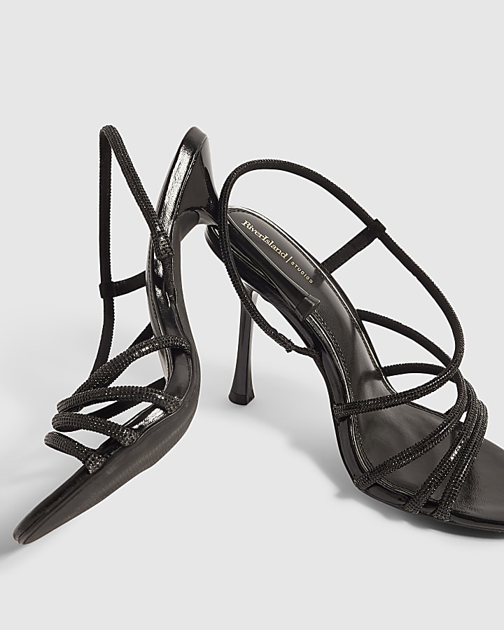 Black Diamante Strap Skinny Heeled Sandals