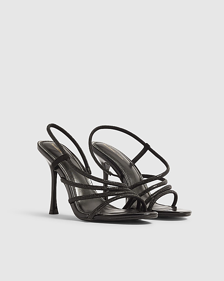 Black Diamante Strap Skinny Heeled Sandals