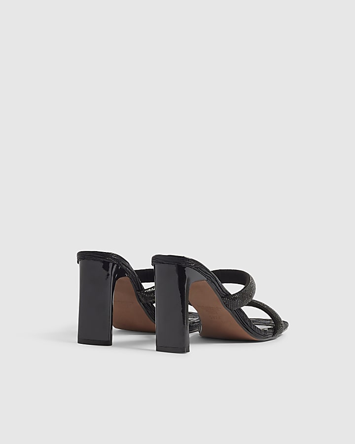 Black Diamante Strap Block Heeled Sandals