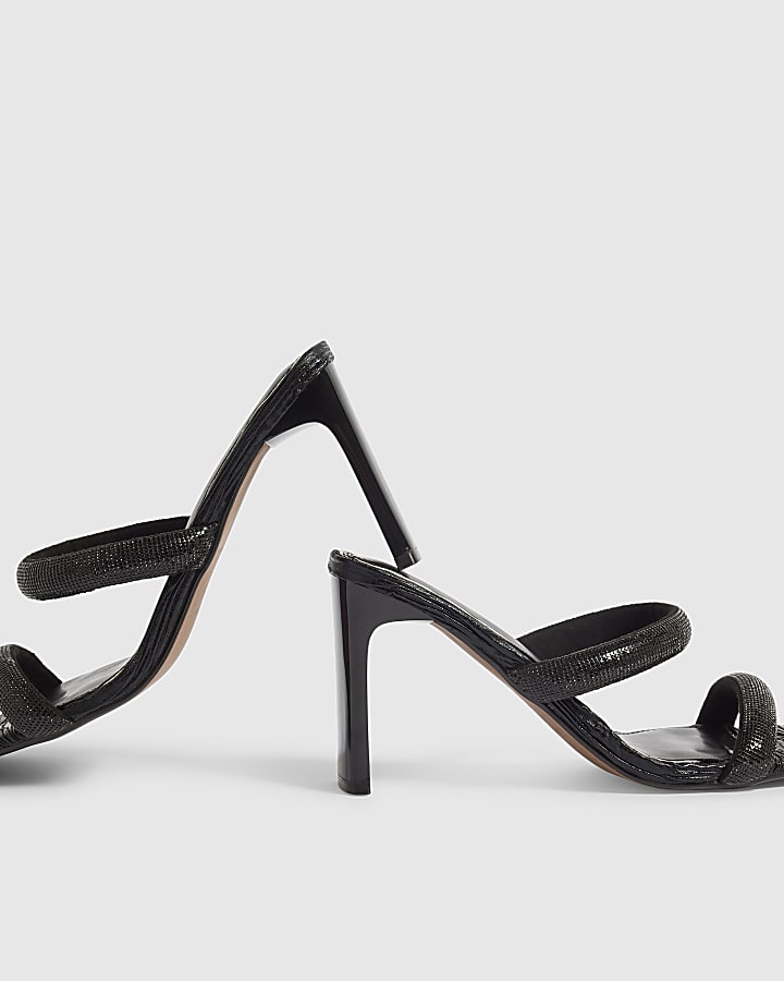 Black Diamante Strap Block Heeled Sandals