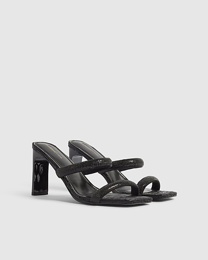 Black Diamante Strap Block Heeled Sandals