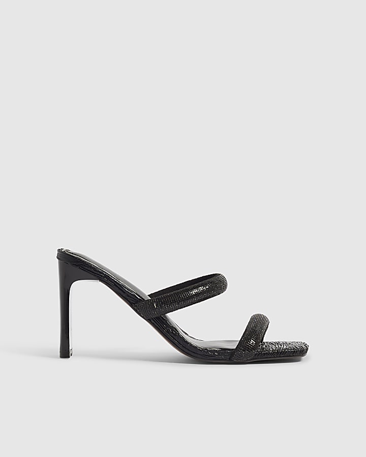 Black Diamante Strap Block Heeled Sandals