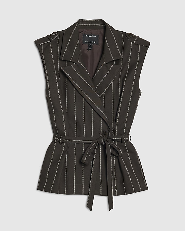 Brown Stripe Tie Detail Wrap Top
