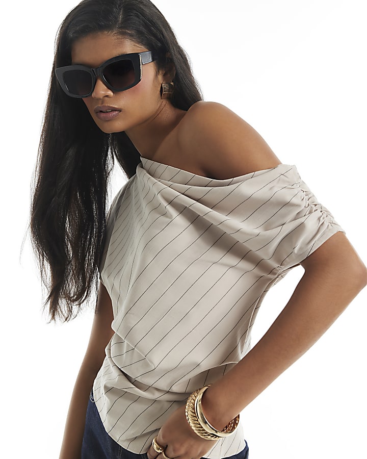 Cream Stripe Asymmetric Top