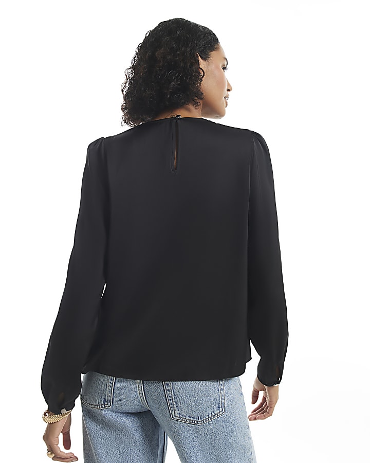 Black Satin Pleat Front Blouse