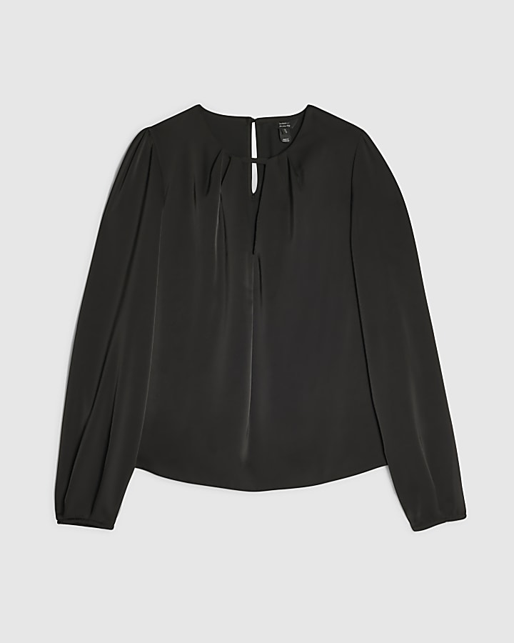 Black Satin Pleat Front Blouse