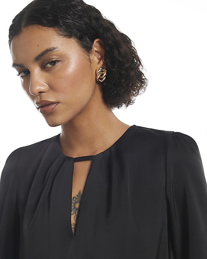 Black Satin Pleat Front Blouse