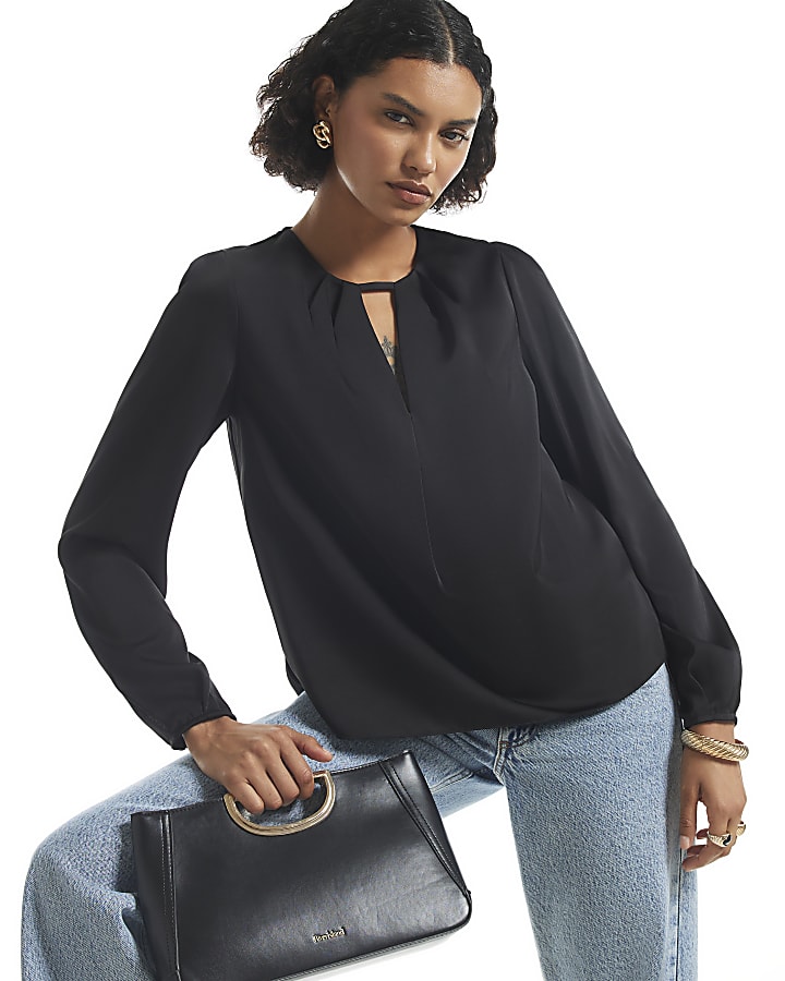 Black Satin Pleat Front Blouse