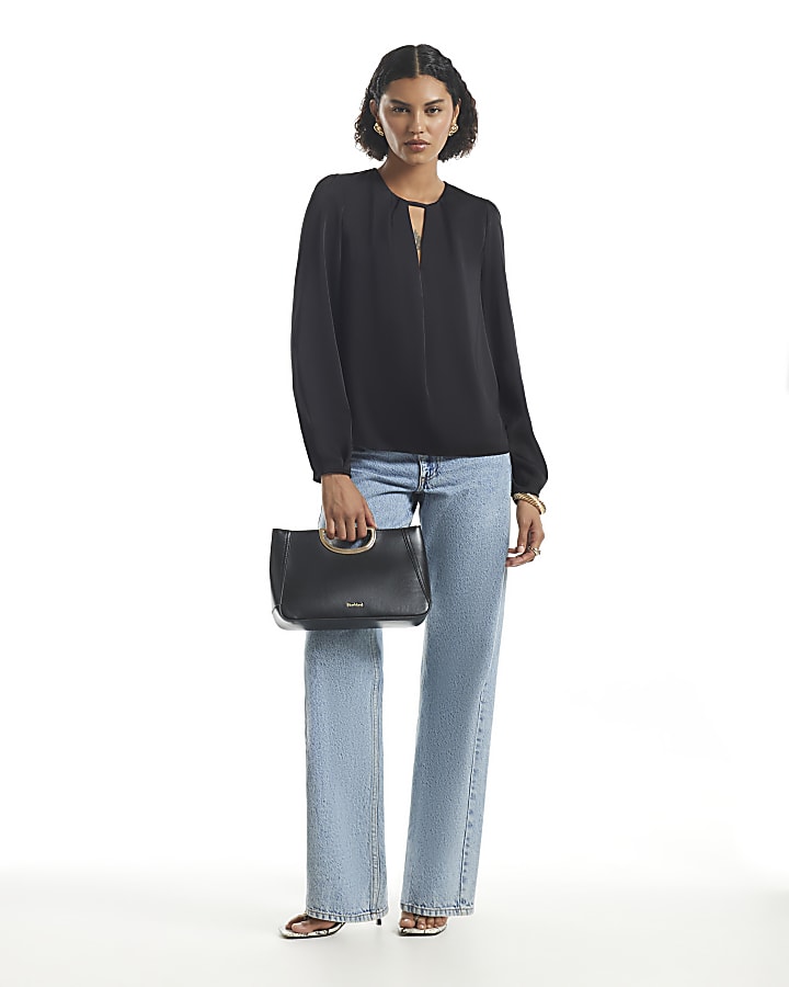 Black Satin Pleat Front Blouse