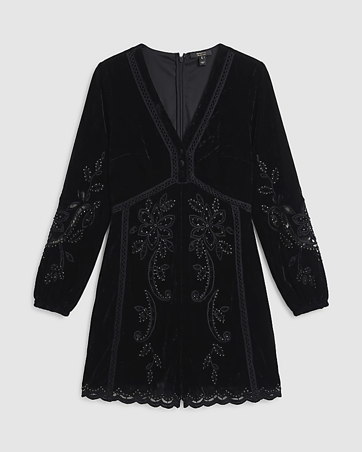 Black Cutwork Velvet Playsuit