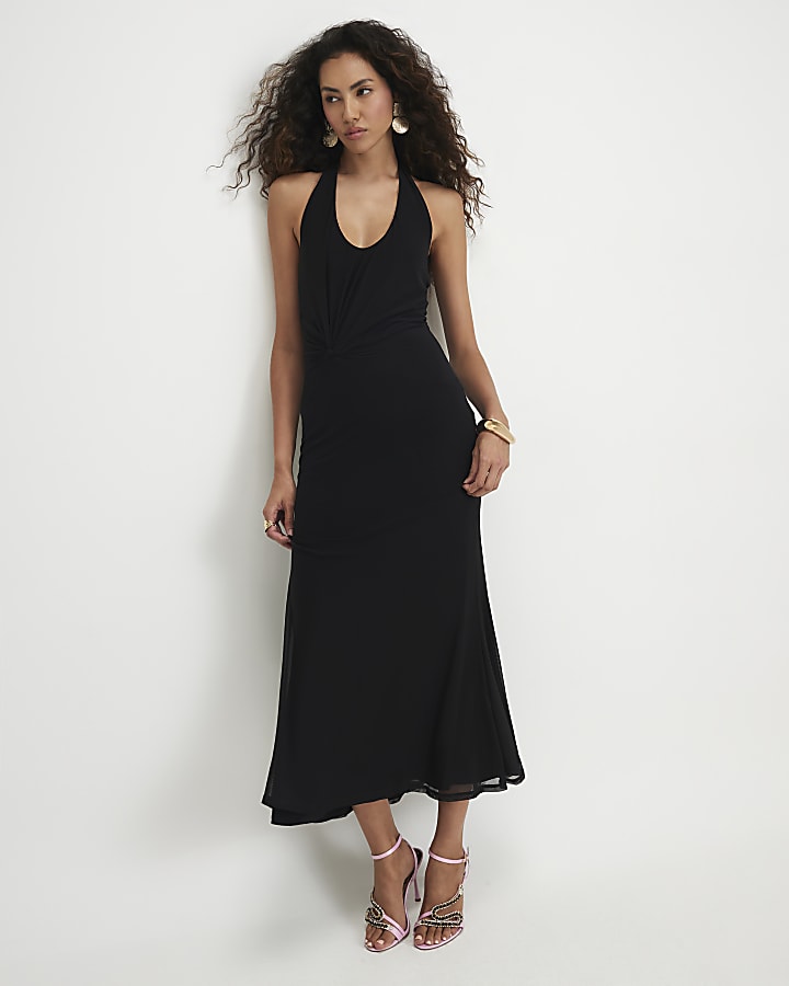 Black Halter Neck Twist Mesh Maxi Dress