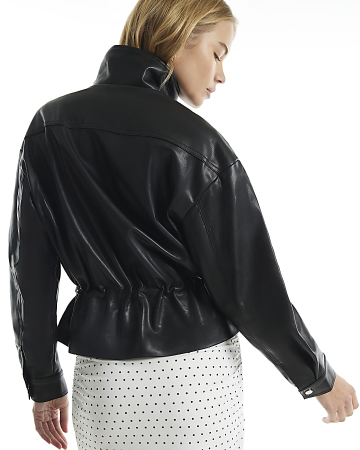 Black Faux Leather Drawstring Funnel Jacket