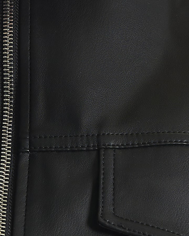 Black Faux Leather Drawstring Funnel Jacket
