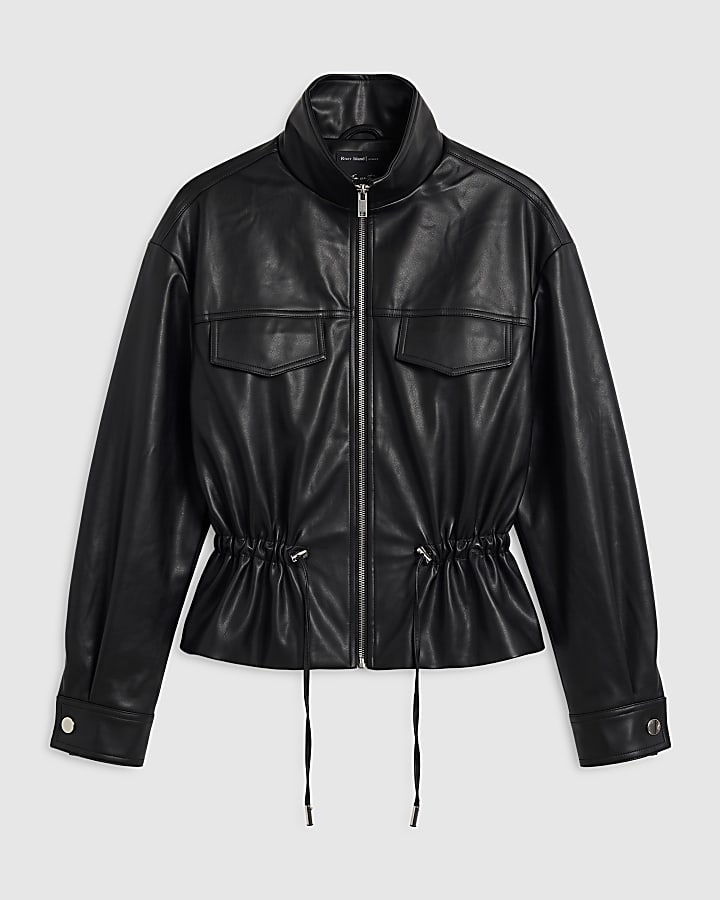Black Faux Leather Drawstring Funnel Jacket