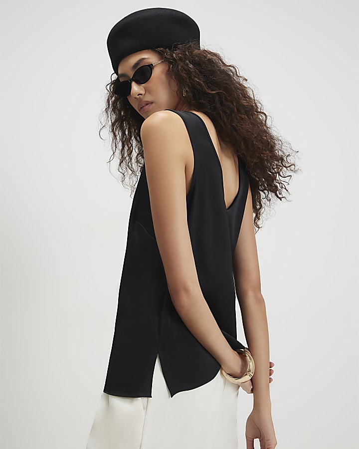 Black Satin Scoop Neck Cami Top