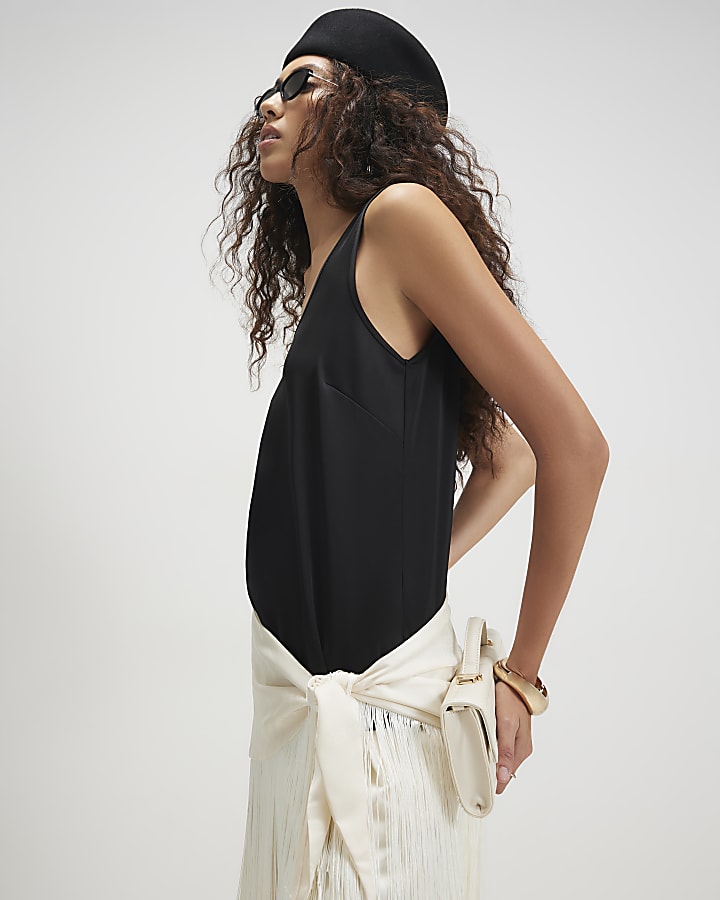 Black Satin Scoop Neck Cami Top