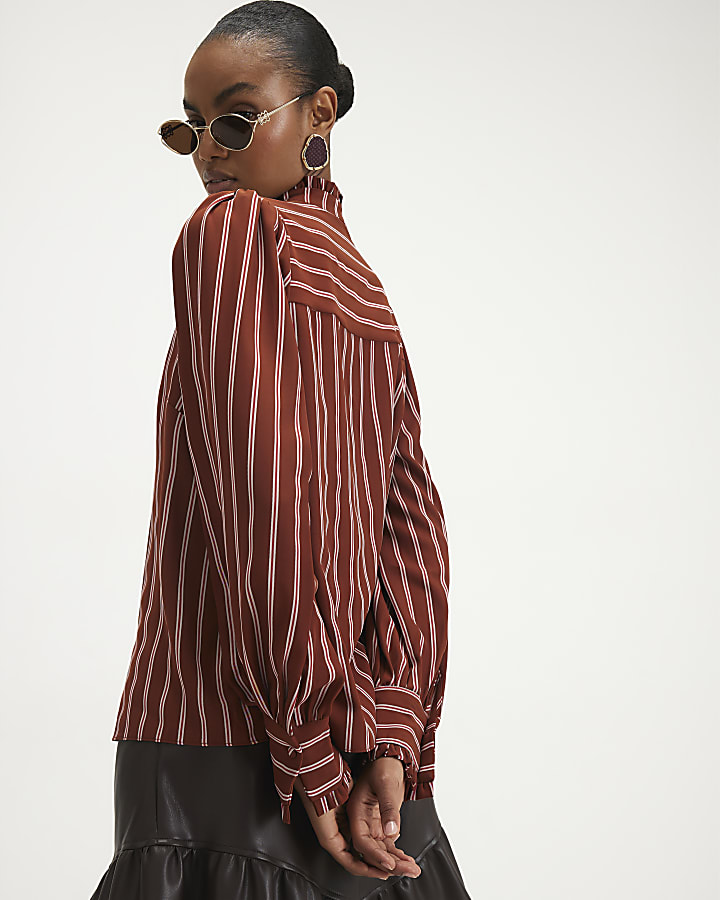 Brown Stripe Frill Trim Blouse