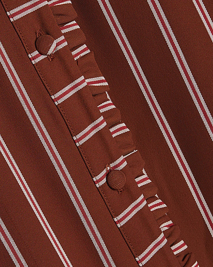 Brown Stripe Frill Trim Blouse