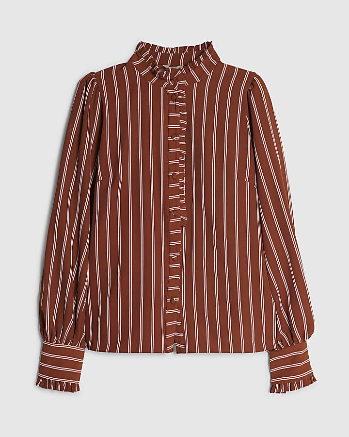 Brown Stripe Frill Trim Blouse