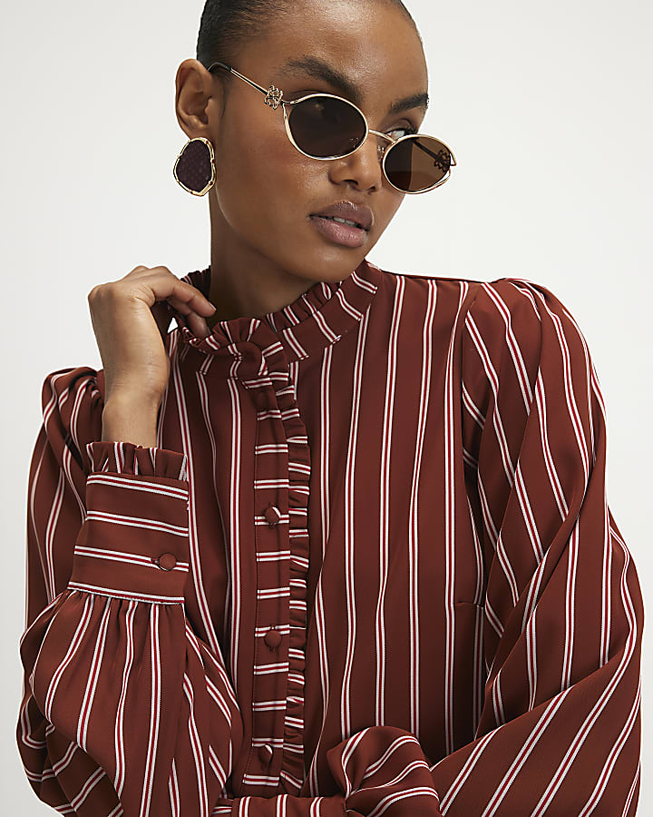 Brown Stripe Frill Trim Blouse