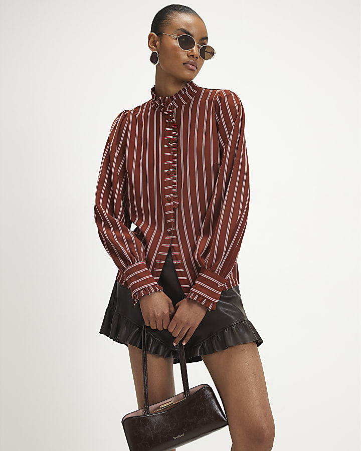 Brown Stripe Frill Trim Blouse