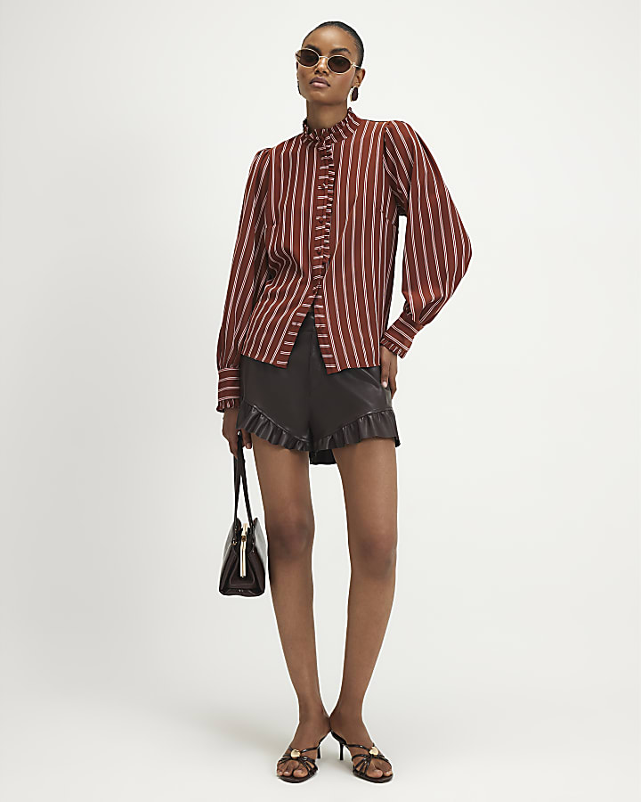 Brown Stripe Frill Trim Blouse