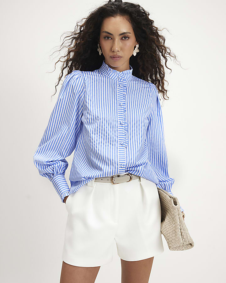 Blue Stripe Half Placket Blouse