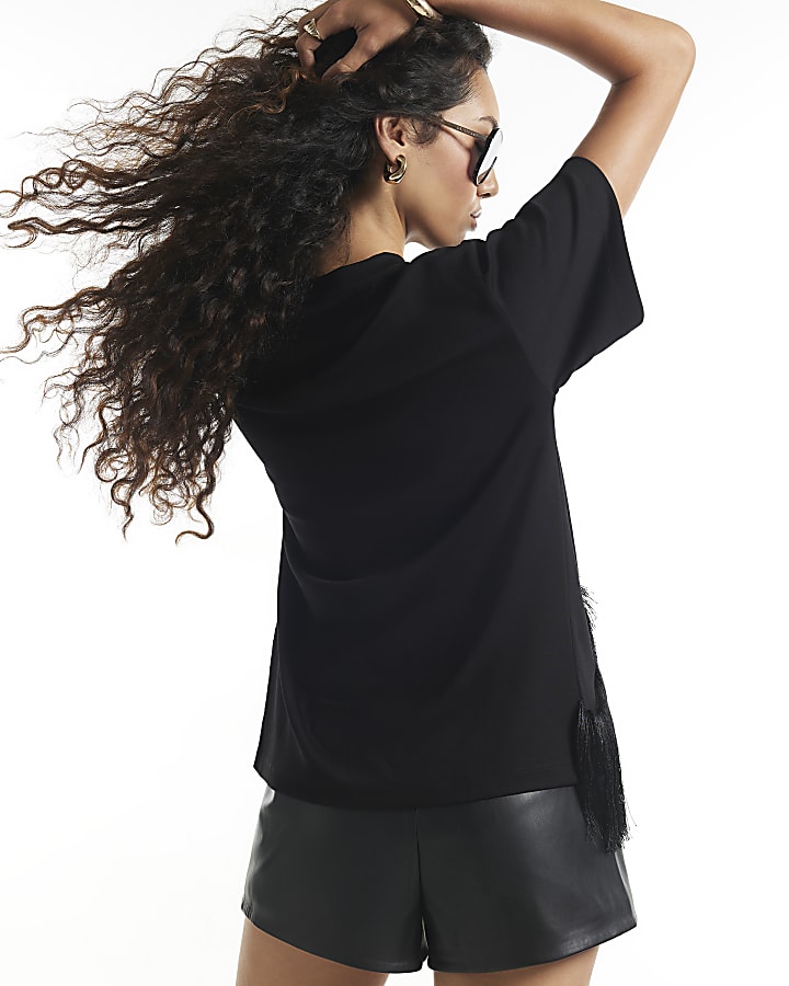 Black Fringe Shoulder T-Shirt