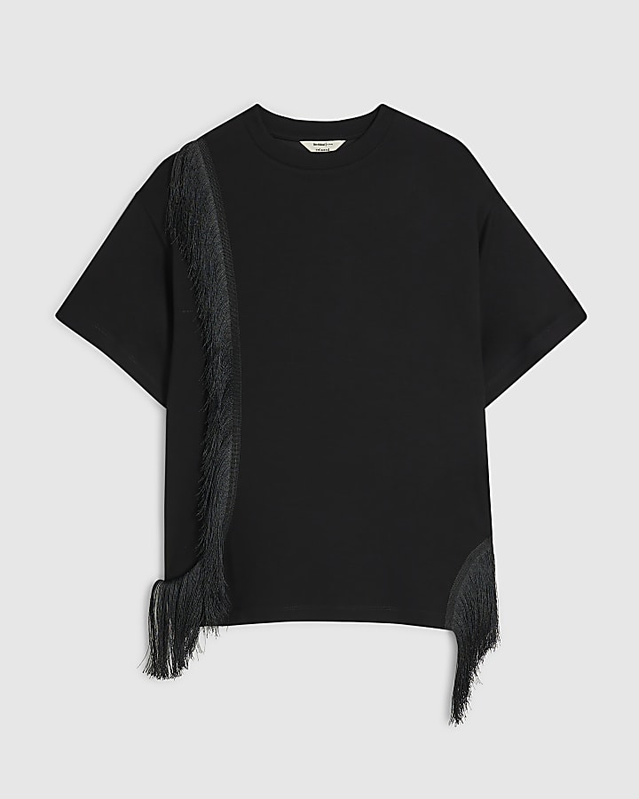 Black Fringe Shoulder T-Shirt