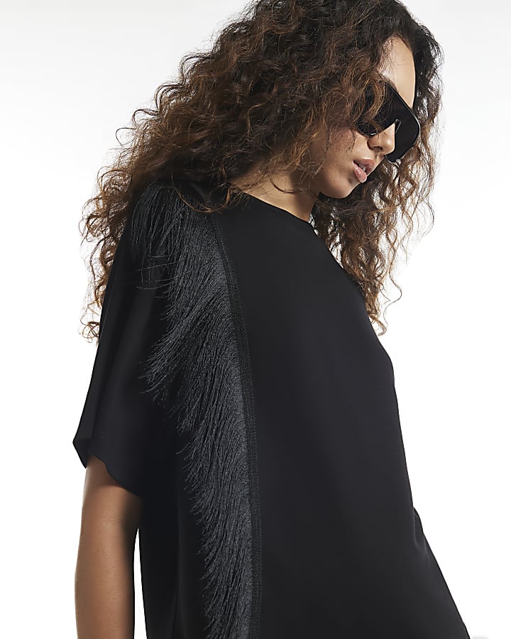 Black Fringe Shoulder T-Shirt