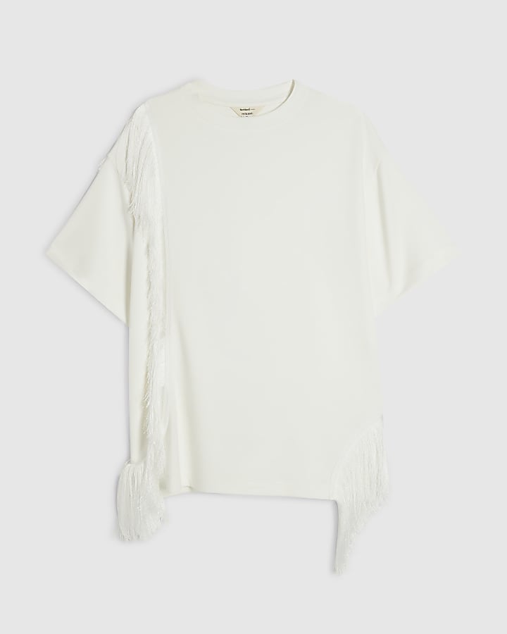 White Fringe Shoulder T-Shirt