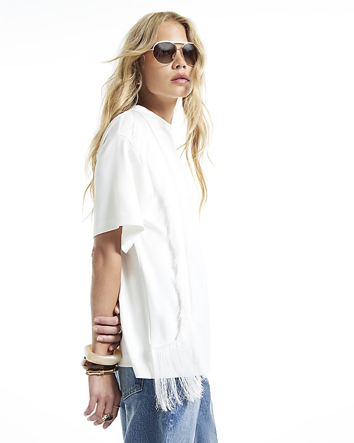 White Fringe Shoulder T-Shirt