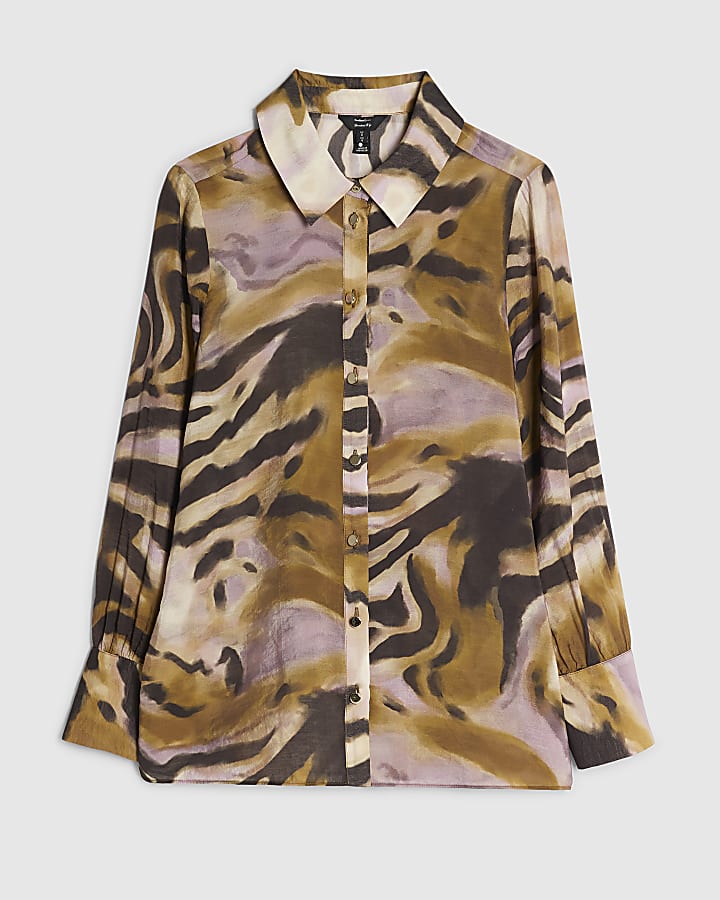 Petite Khaki Animal Print Sheer Shirt