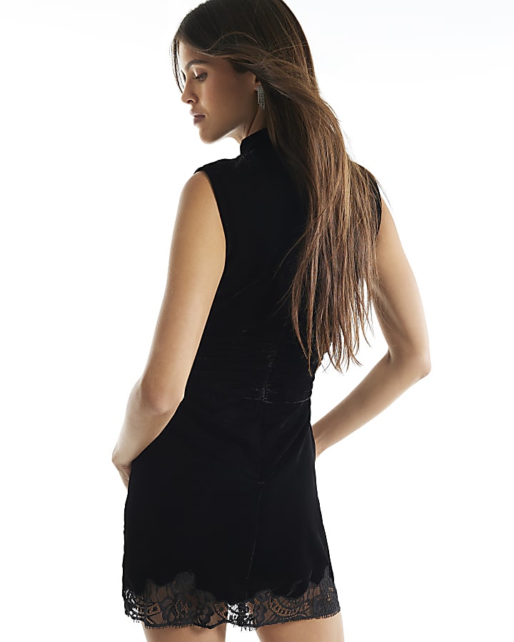 Black Velvet Lace Trim Mini Shift Dress