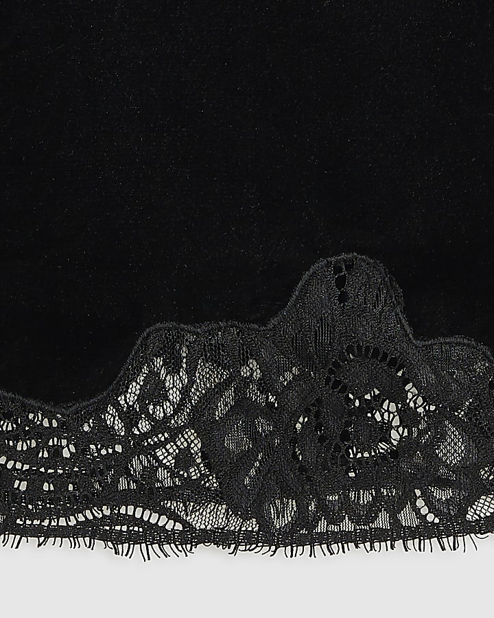 Black Velvet Lace Trim Mini Shift Dress
