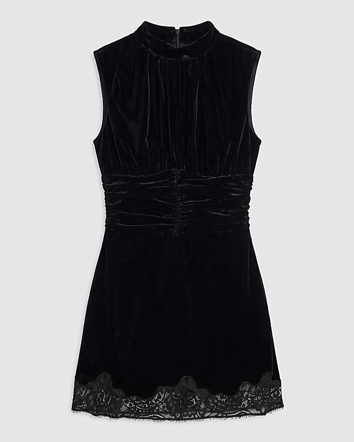 Black Velvet Lace Trim Mini Shift Dress