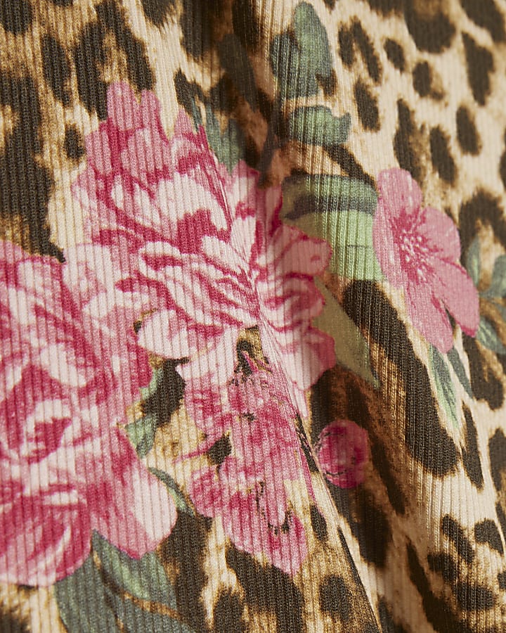 Brown Leopard Floral Fitted Rib T-Shirt