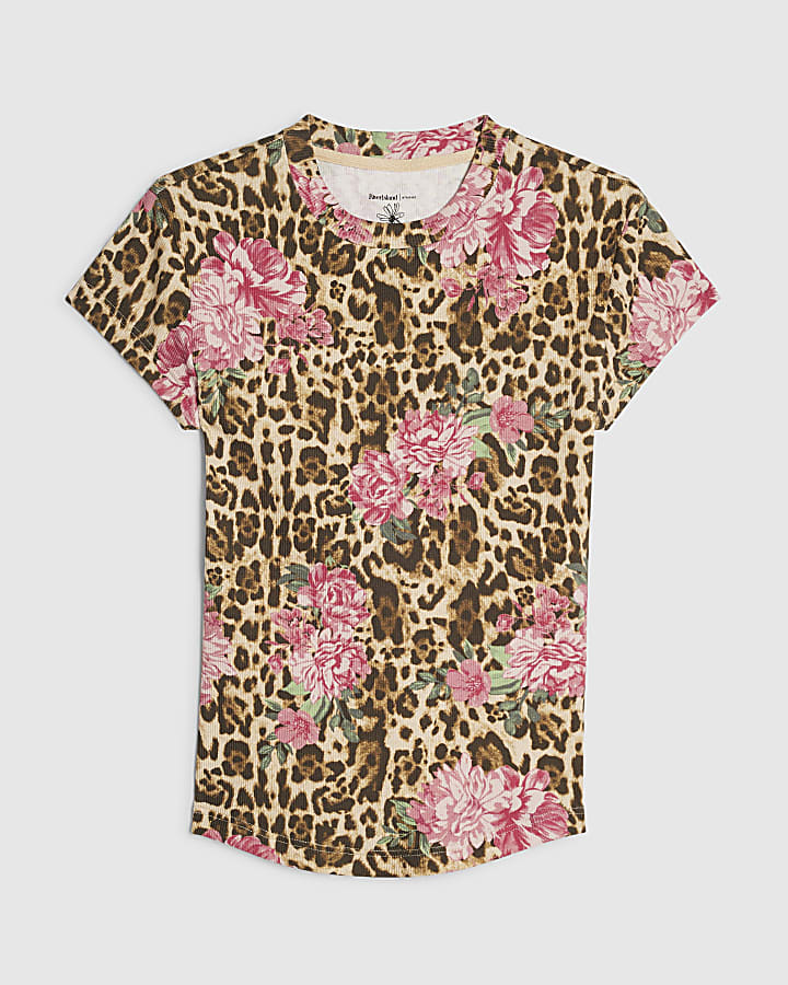 Brown Leopard Floral Fitted Rib T-Shirt