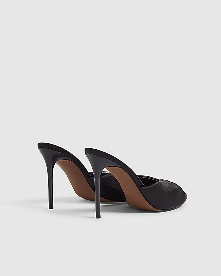 Black Gathered Mule Heeled Sandals
