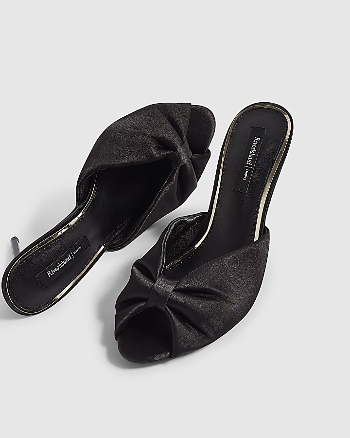 Black Gathered Mule Heeled Sandals