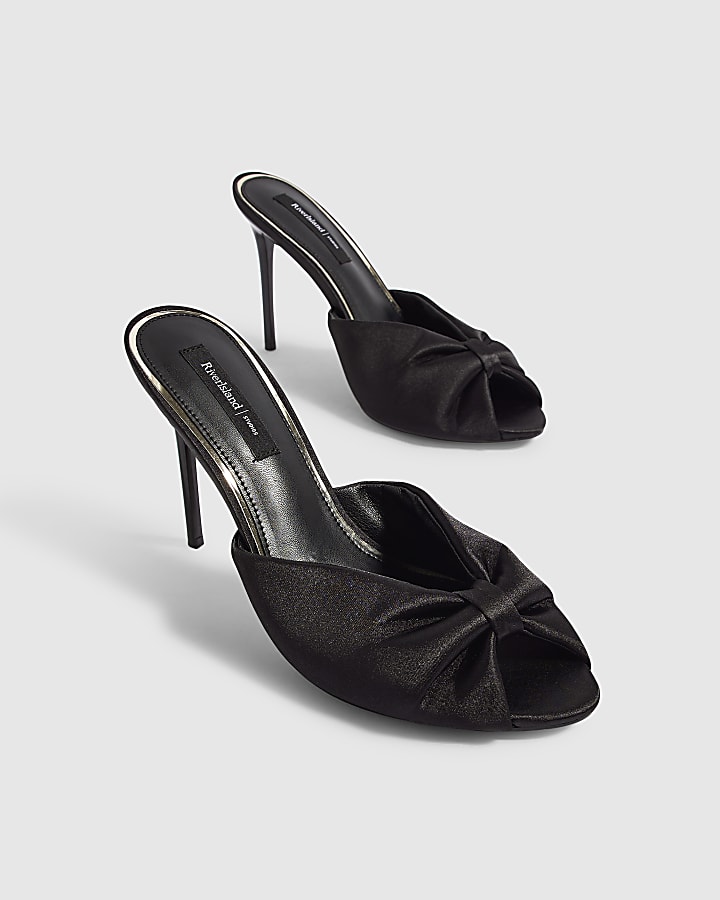 Black Gathered Mule Heeled Sandals