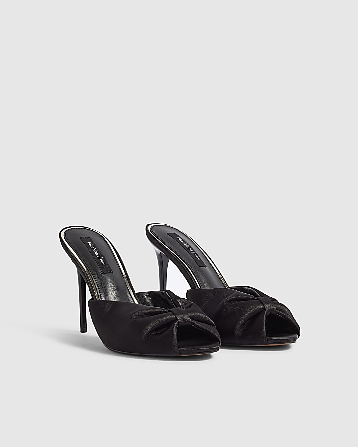 Black Gathered Mule Heeled Sandals