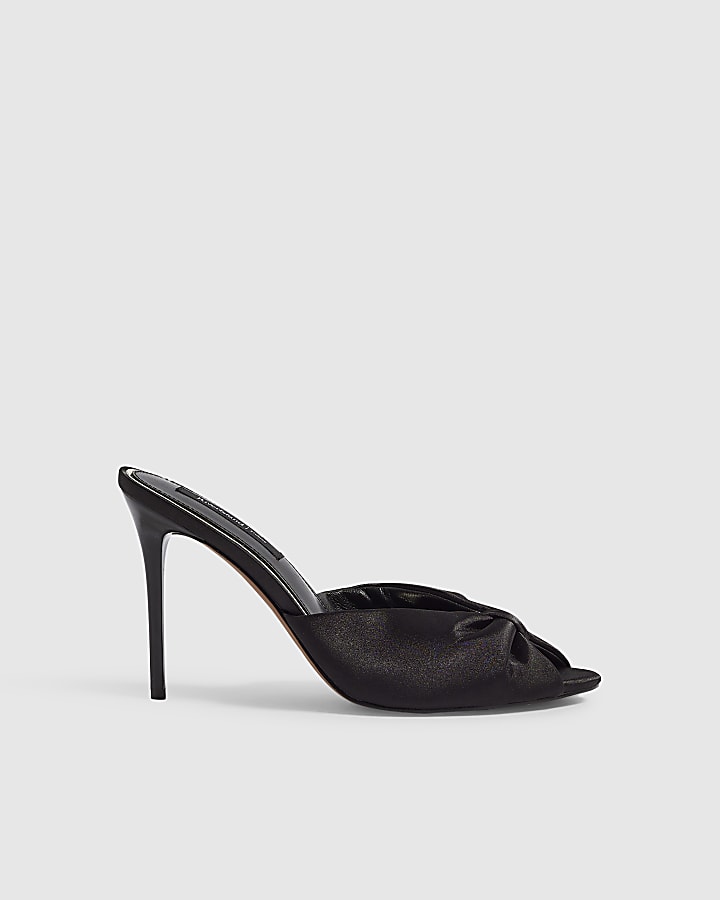 Black Gathered Mule Heeled Sandals