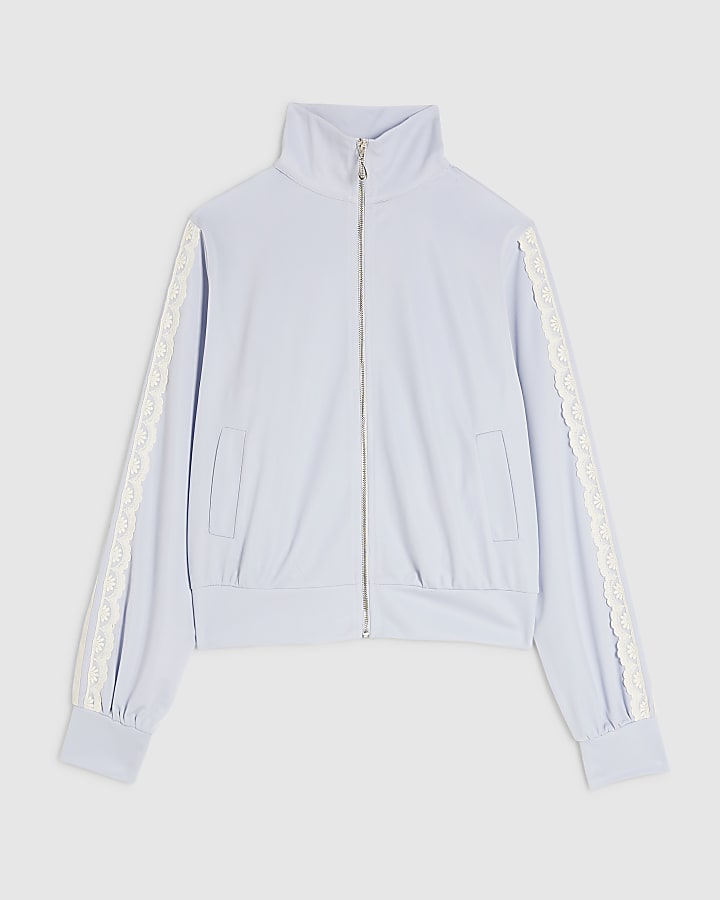 Blue Lace Funnel Neck Zip Through Sweatshirt